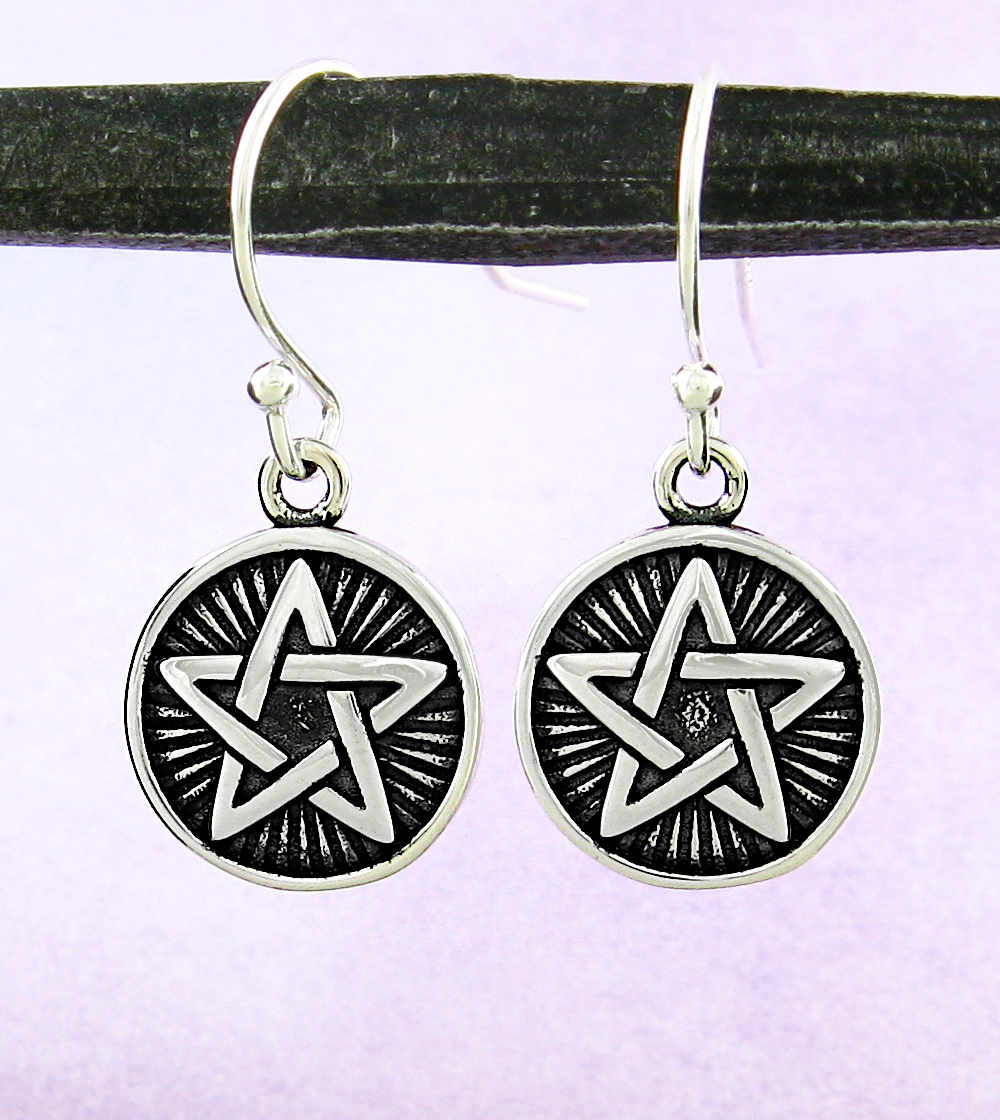 Round Power of Five Pentagram Pentacle With Rays Oxidized Drop Earrings | Woot & Hammy