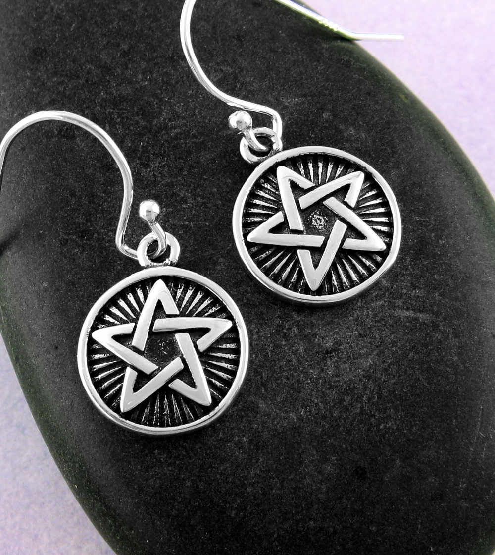 Round Power of Five Pentagram Pentacle With Rays Oxidized Drop Earrings | Woot & Hammy