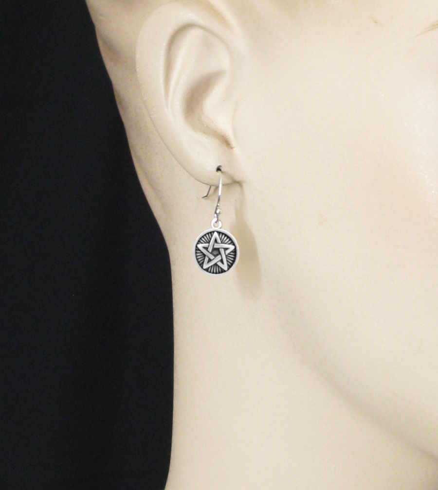 Round Power of Five Pentagram Pentacle With Rays Oxidized Drop Earrings | Woot & Hammy