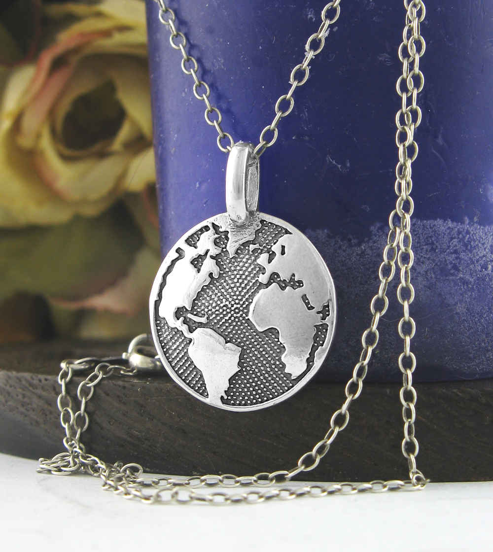 Planet Earth Gaia World Map Round Oxidized Pendant | Woot & Hammy