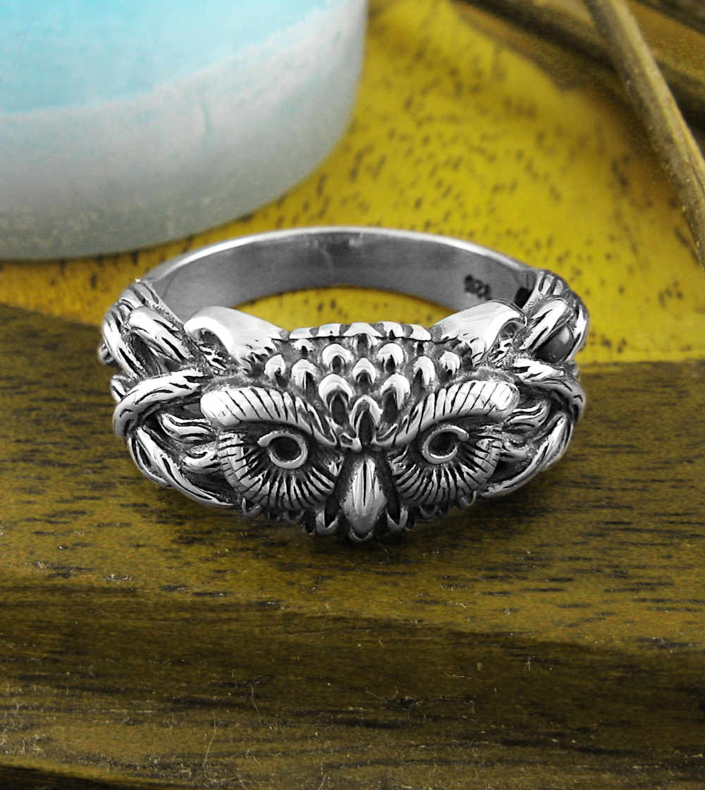 Large Rustic Owl Sterling Silver Ring Wisdom Animal Spirit Night Bird Totem | Woot & Hammy