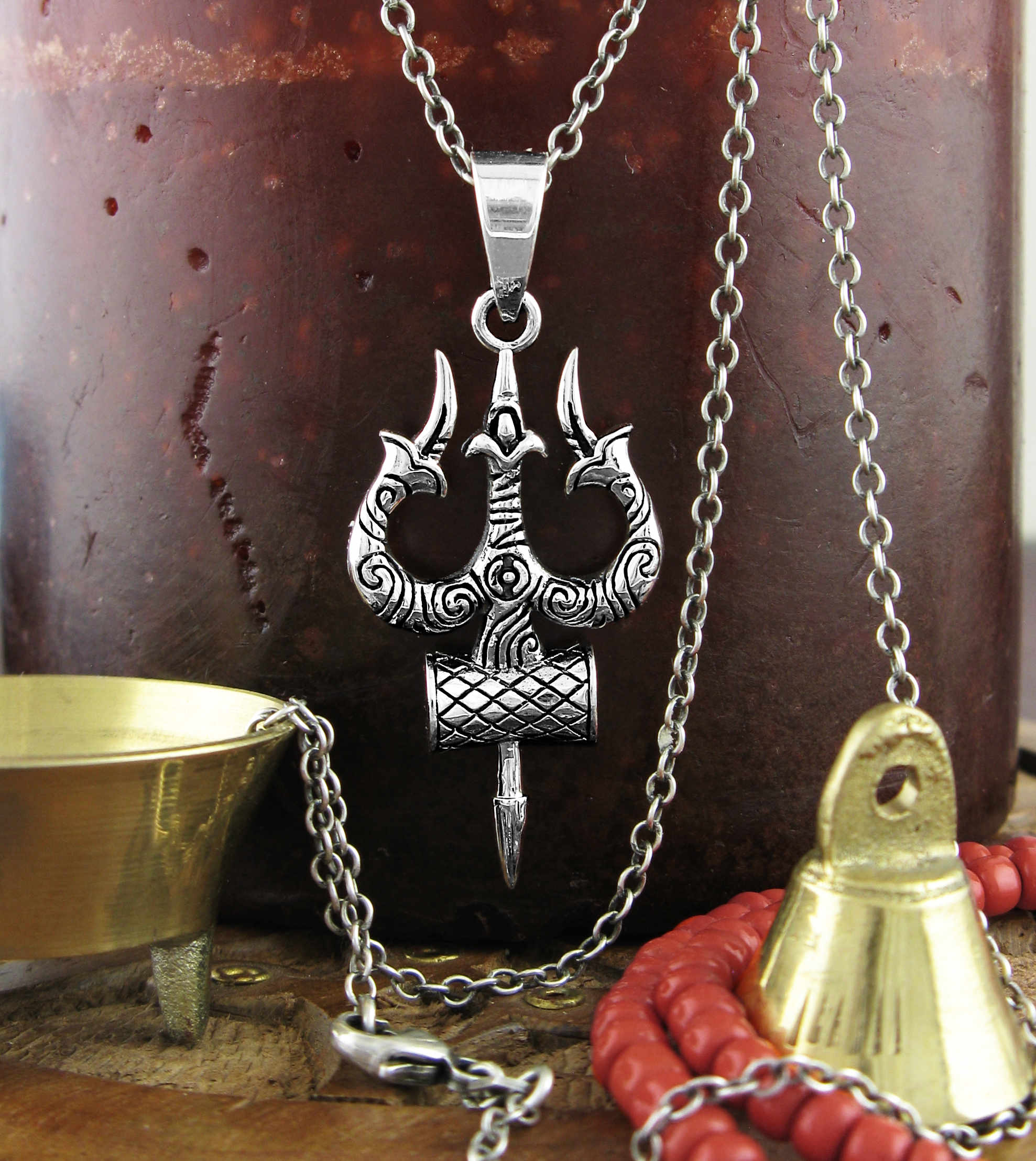 Shiva's Trishul Trident Hindu With Damaru Drum Weapon Divine Symbol Pendant | Woot & Hammy