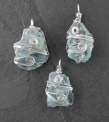 Silver Wire-Wrapped Raw Aquamarine Crystal Pendant Handmade w/ Chain | Woot & Hammy