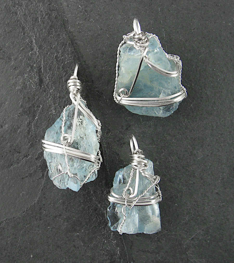 Silver Wire-Wrapped Raw Aquamarine Pendant With Charms Broom and Triple Moon with Moonstone Cabochon, Handmade | Woot & Hammy