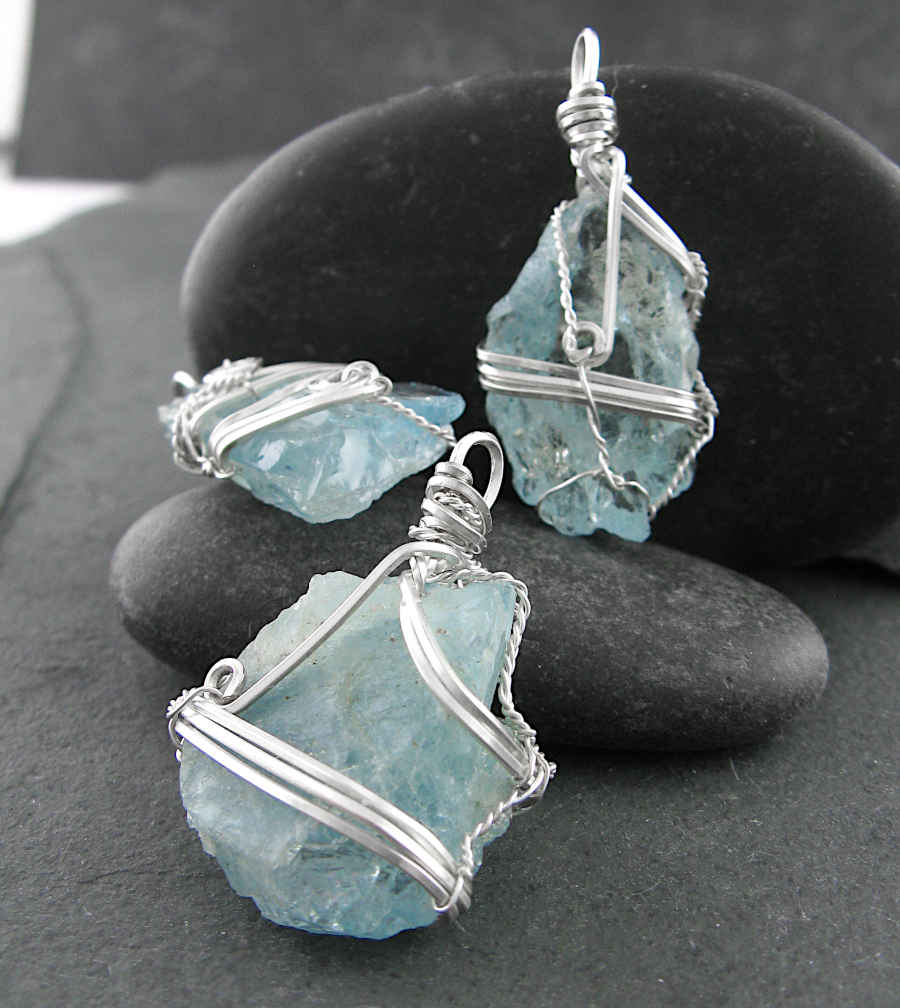 Silver Wire-Wrapped Raw Aquamarine Crystal Pendant Handmade w/ Chain | Woot & Hammy