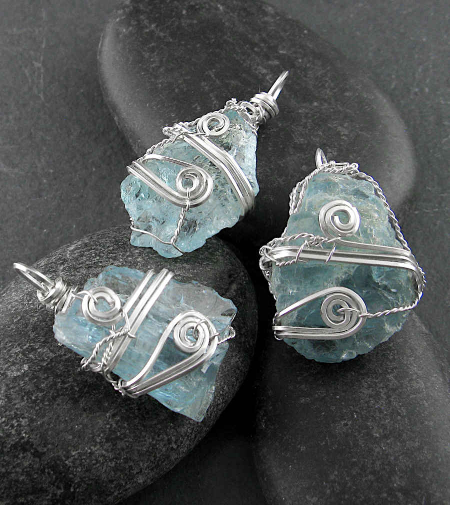 Silver Wire-Wrapped Raw Aquamarine Crystal Pendant Handmade w/ Chain | Woot & Hammy