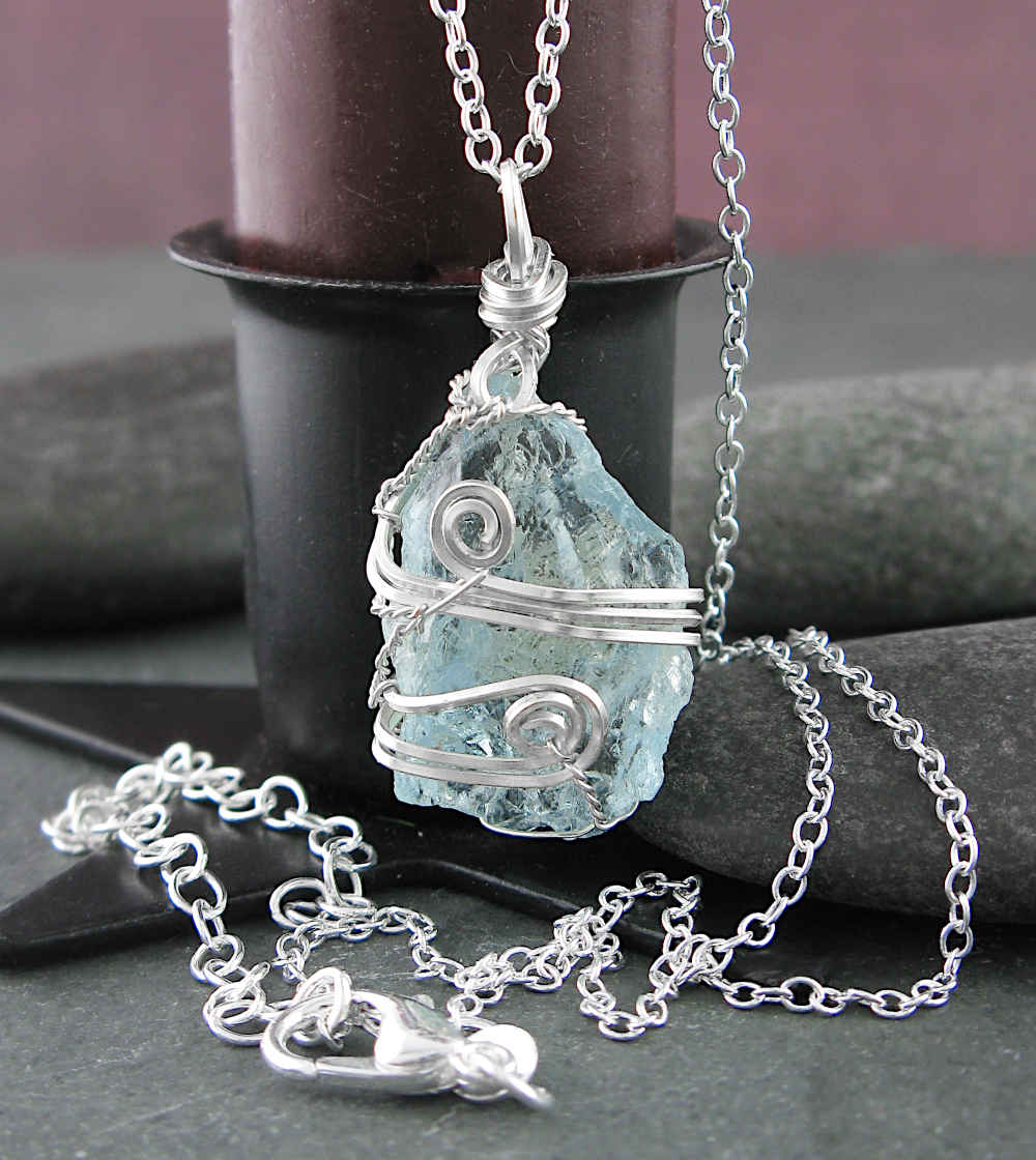 Silver Wire-Wrapped Raw Aquamarine Crystal Pendant Handmade w/ Chain | Woot & Hammy