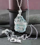 Raw Aquamarine Crystal Pendant Necklace, Silver Wire-Wrapped, Handmade