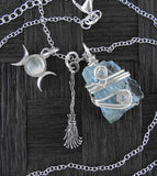 Triple Moon, Broom, & Aquamarine Charms Pendant Necklace, Silver-Wire Wrapped, Handmade