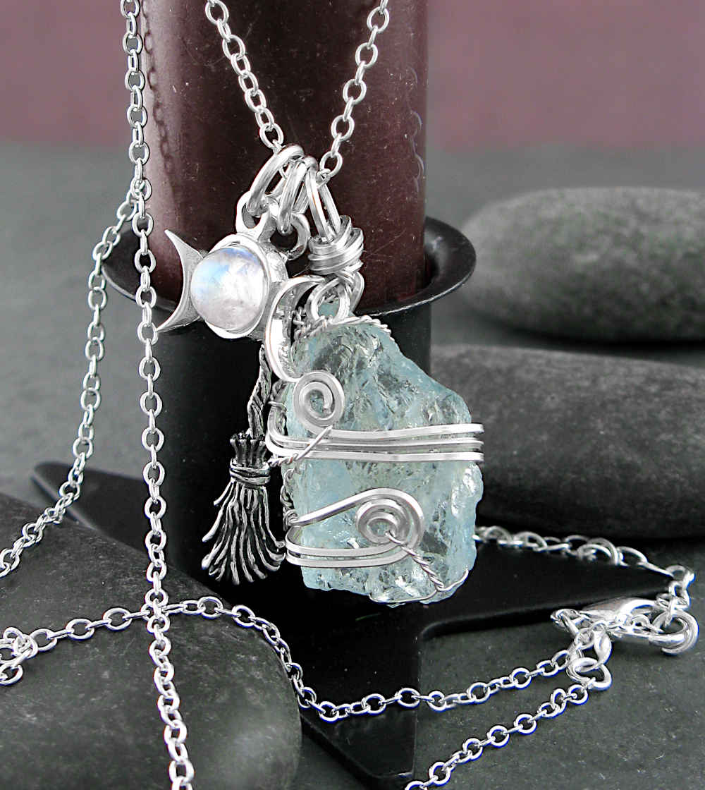 Silver Wire-Wrapped Raw Aquamarine Pendant With Charms Broom and Triple Moon with Moonstone Cabochon, Handmade | Woot & Hammy