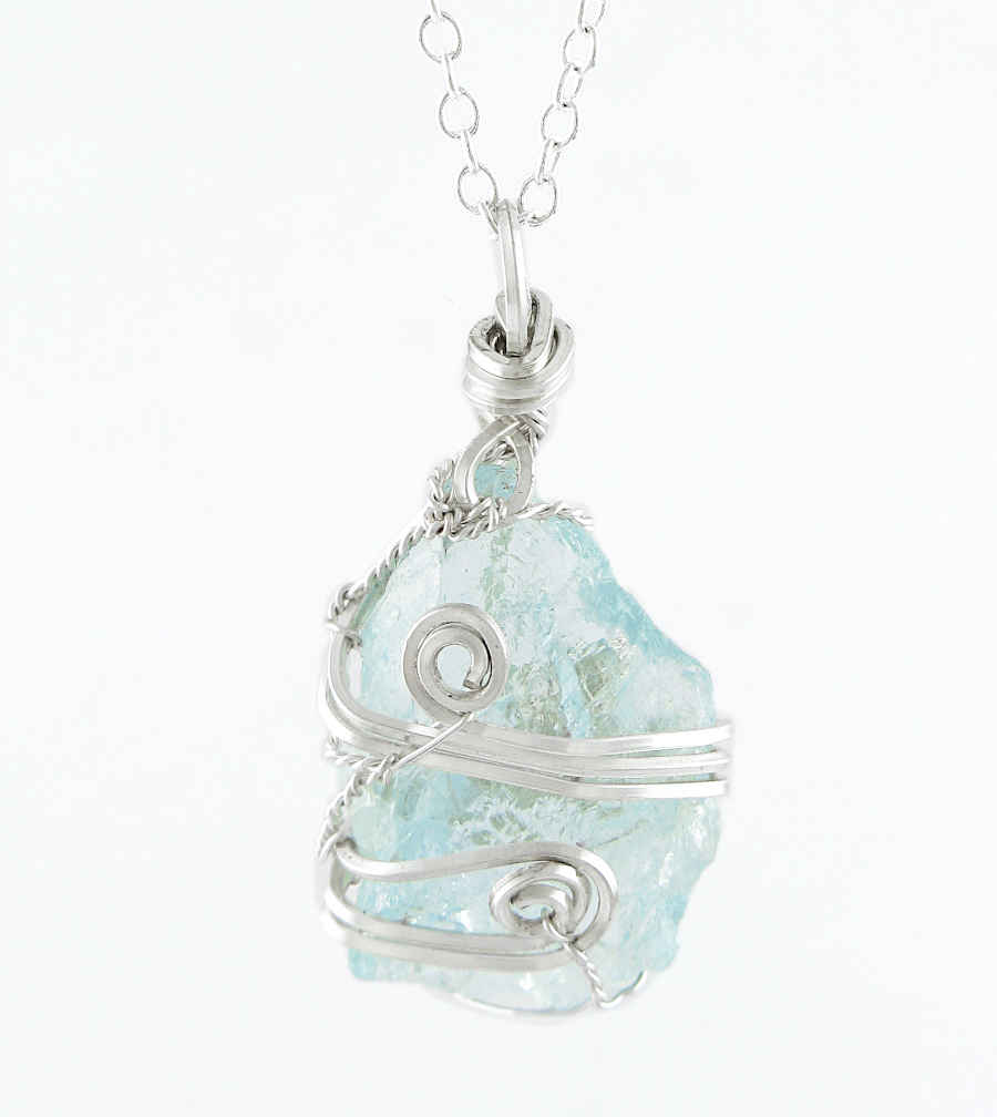 Silver Wire-Wrapped Raw Aquamarine Crystal Pendant Handmade w/ Chain | Woot & Hammy