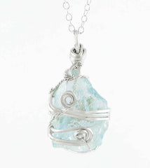 Silver Wire-Wrapped Raw Aquamarine Crystal Pendant Handmade w/ Chain | Woot & Hammy