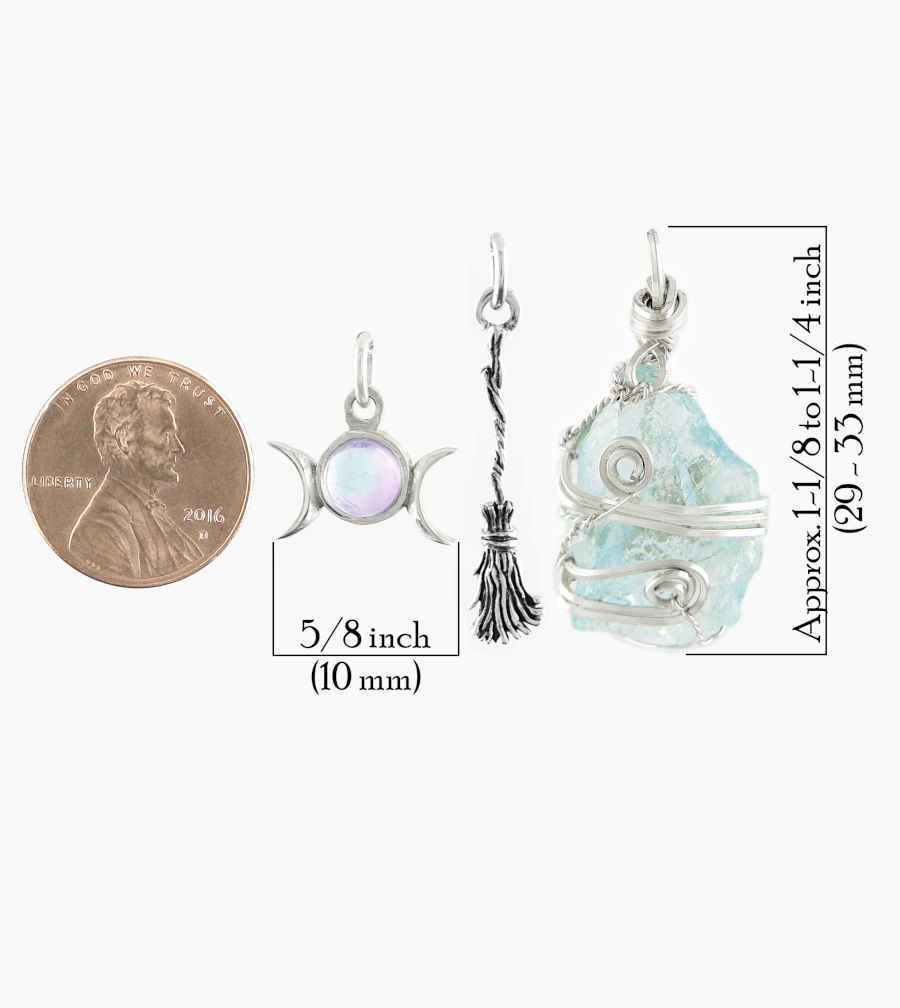 Silver Wire-Wrapped Raw Aquamarine Pendant With Charms Broom and Triple Moon with Moonstone Cabochon, Handmade | Woot & Hammy