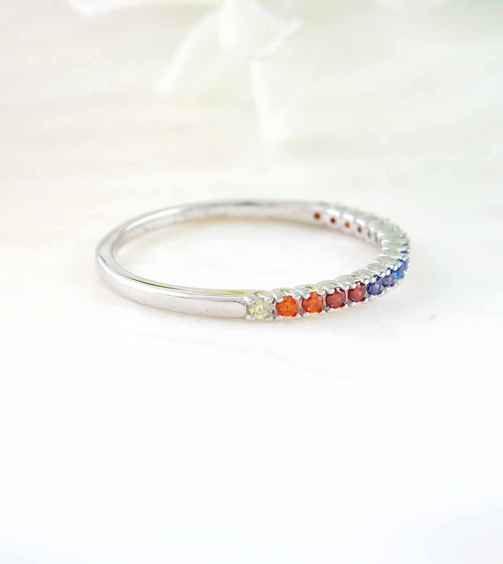 Slim Rainbow Chakra Band Ring with Tiny Crystals