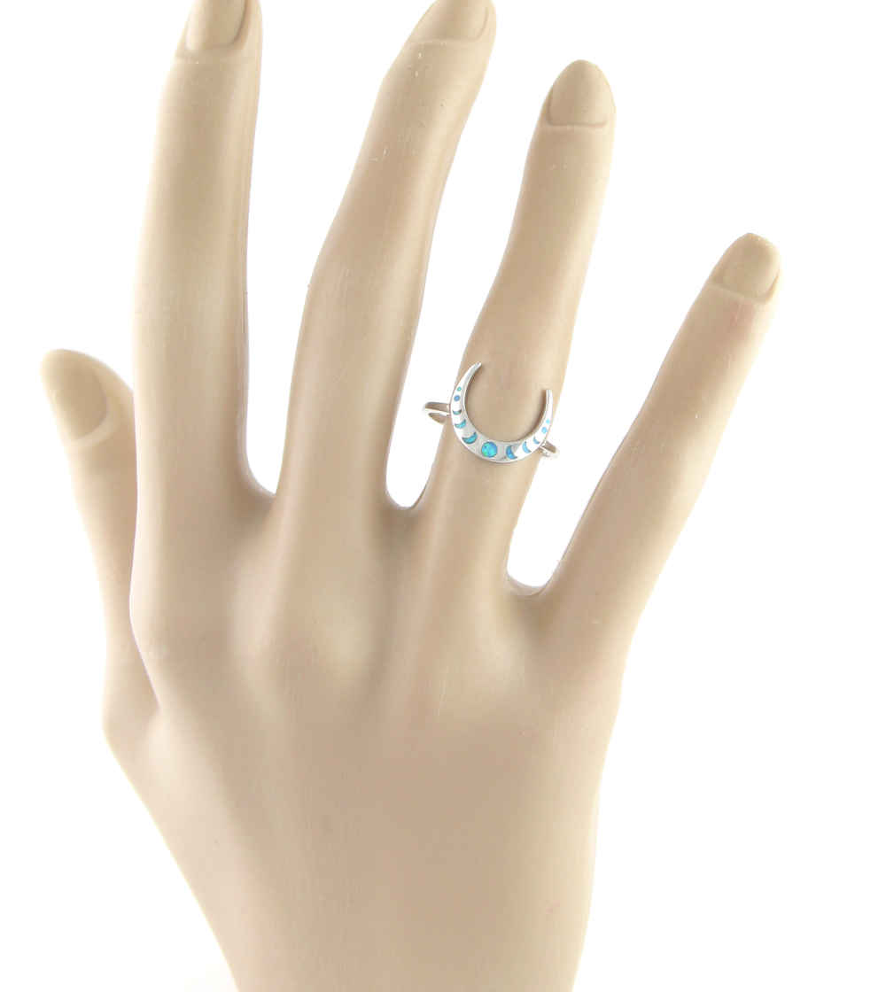 Slender Upturned or Downturned Crescent Moon With Lab Opal Ring | Woot & Hammy