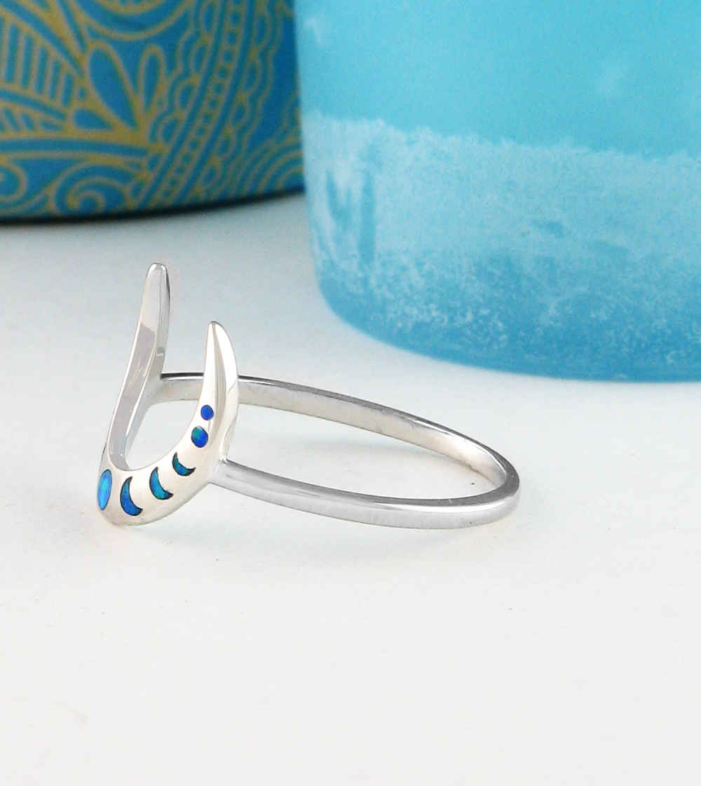 Slender Upturned or Downturned Crescent Moon With Lab Opal Ring | Woot & Hammy