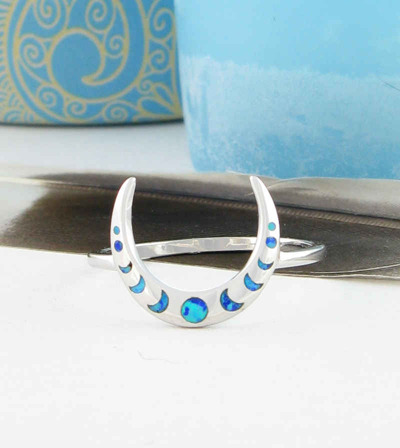 Slender Upturned or Downturned Crescent Moon With Lab Opal Ring | Woot & Hammy