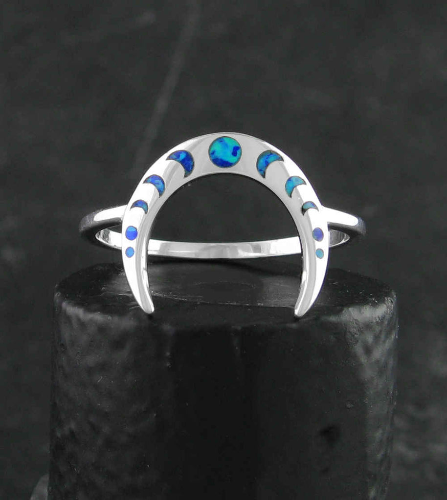 Slender Upturned or Downturned Crescent Moon With Lab Opal Ring | Woot & Hammy