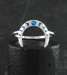 Slender Upturned or Downturned Crescent Moon With Lab Opal Ring | Woot & Hammy