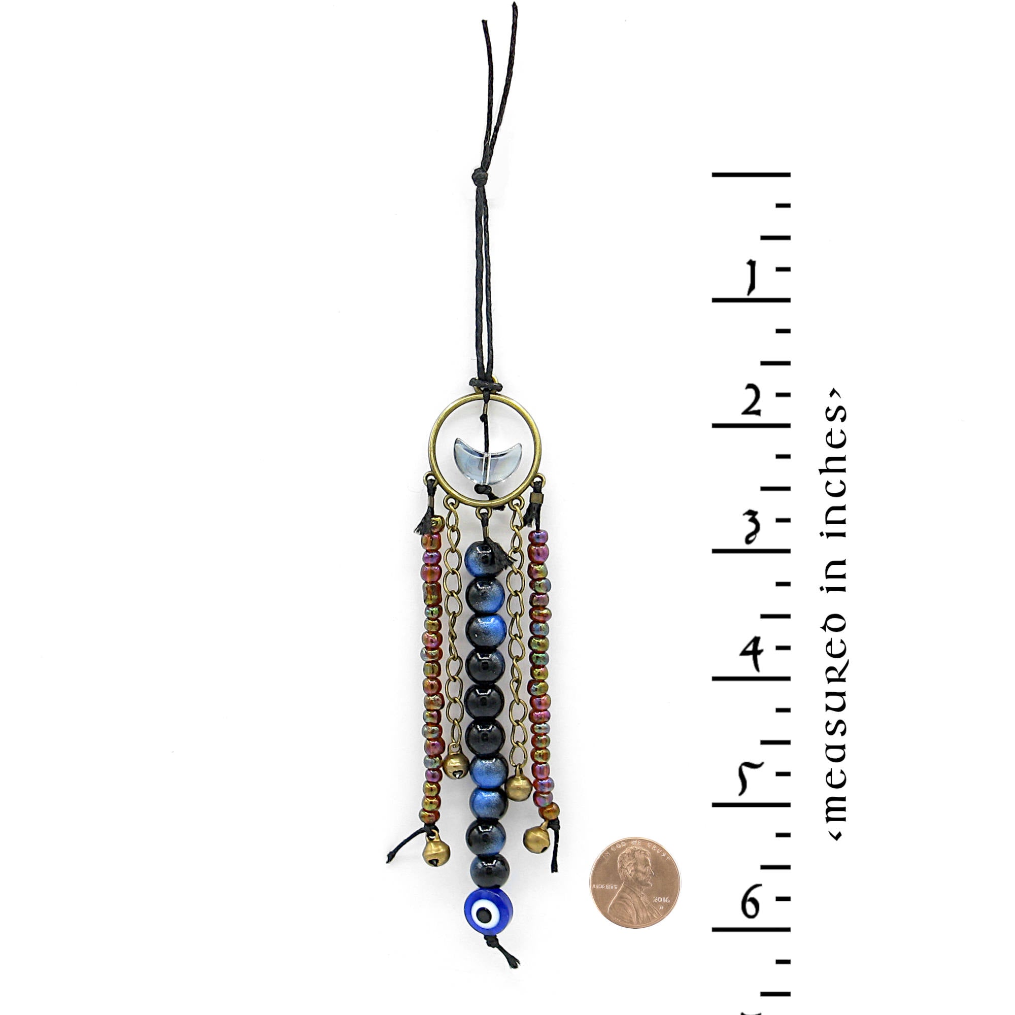 Protective Wall Hanging Evil Eye Upturned Crescent Moon Iridescent Glass Beads Chains Sleigh Bells - Handmade | Woot & Hammy