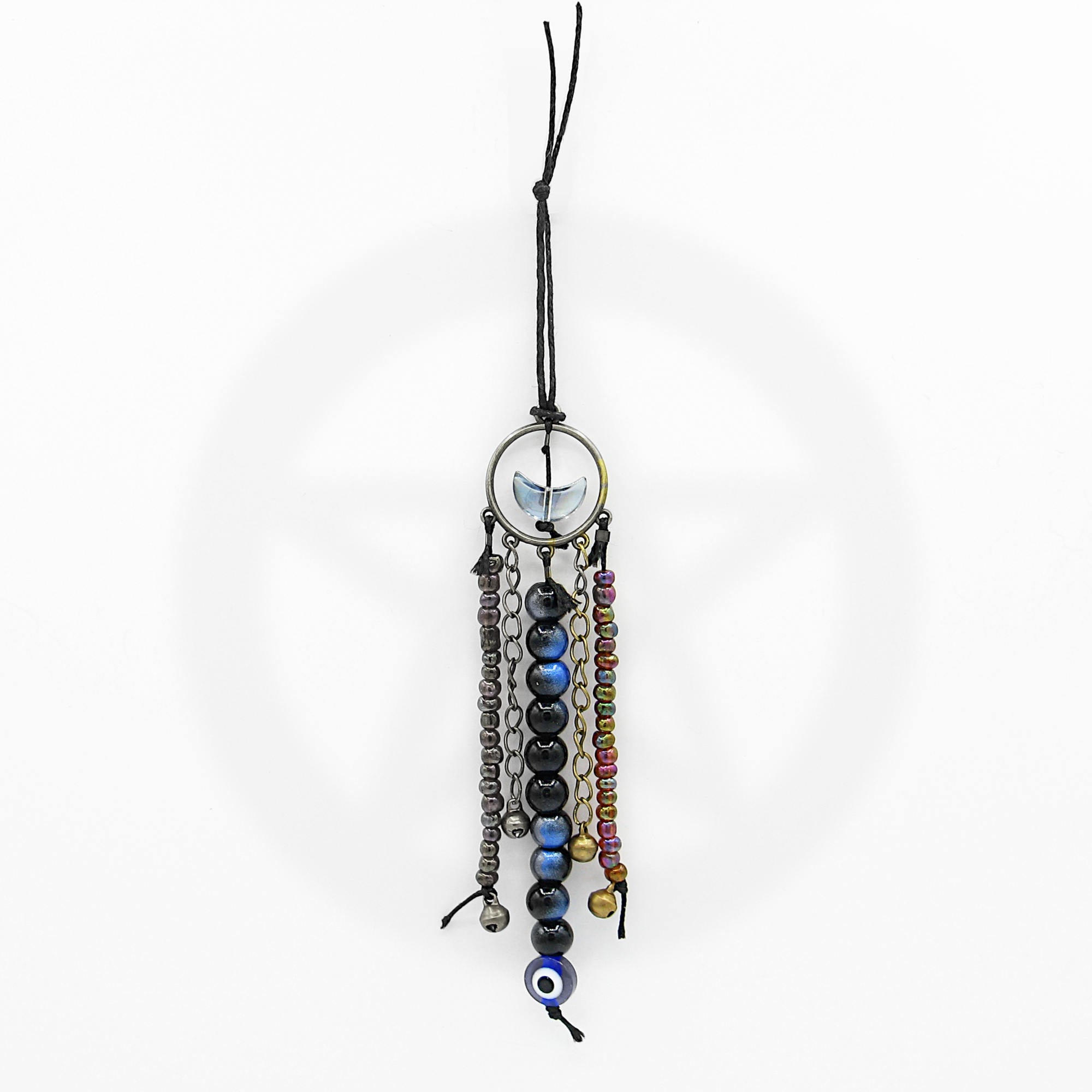 Protective Wall Hanging Evil Eye Upturned Crescent Moon Iridescent Glass Beads Chains Sleigh Bells - Handmade | Woot & Hammy