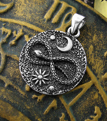 Snake Lemniscate Infinity Symbol With Moon And Sun Oxidized Pendant | Woot & Hammy