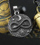 Snake Infinity Symbol Pendant With Moon & Sun, Oxidized