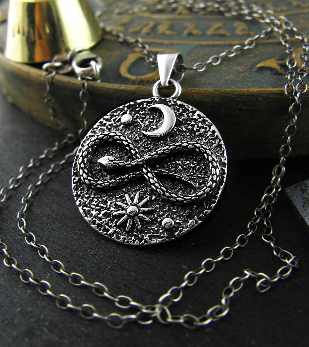 Snake Lemniscate Infinity Symbol With Moon And Sun Oxidized Pendant | Woot & Hammy