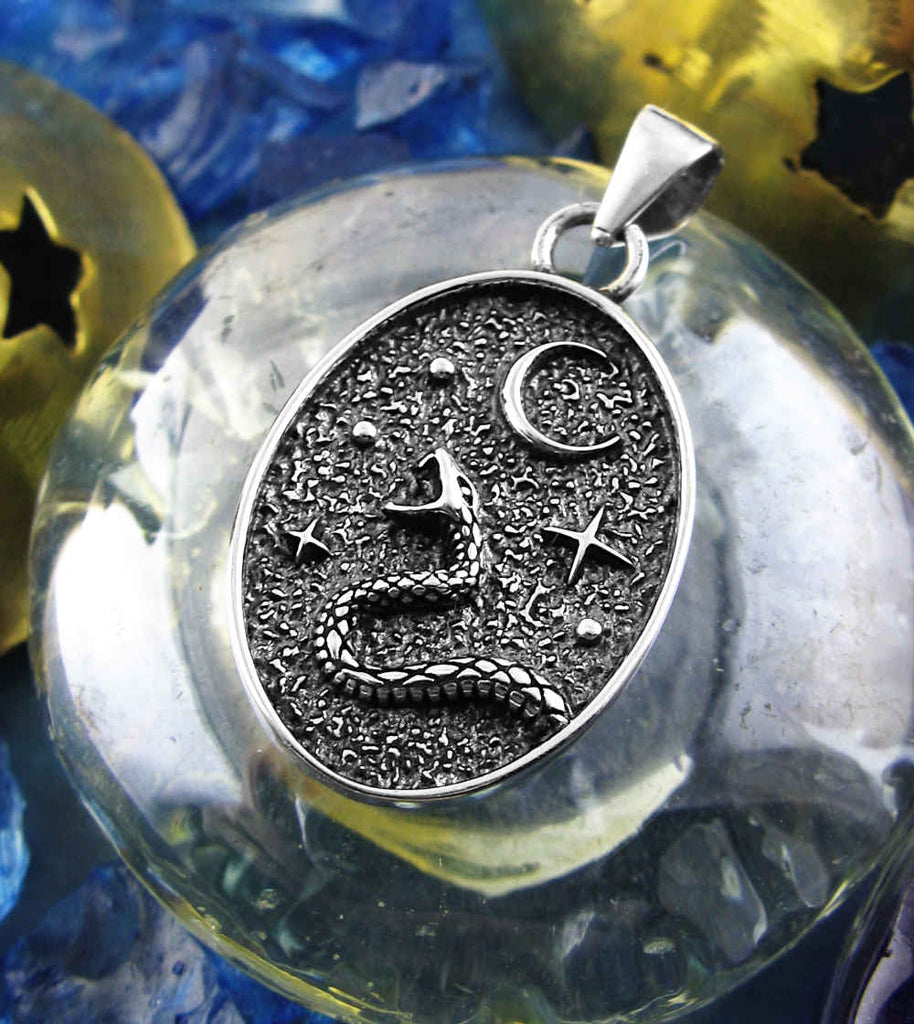 Snake with Crescent Moon and Stars Night Sky Oxidized Oval Pendant | Woot & Hammy