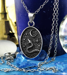 Snake with Crescent Moon and Stars Night Sky Oxidized Oval Pendant | Woot & Hammy