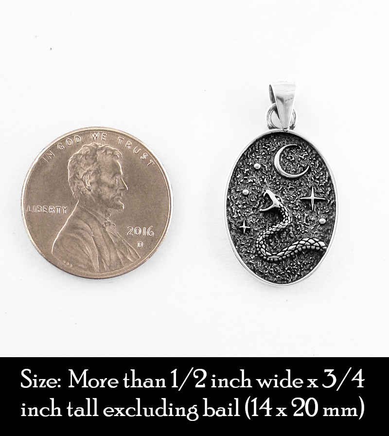 Snake with Crescent Moon and Stars Night Sky Oxidized Oval Pendant | Woot & Hammy