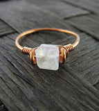 Stackable Copper Wire-Wrapped Single Natural Faceted Rainbow Moonstone Ring Handmade | Woot & Hammy