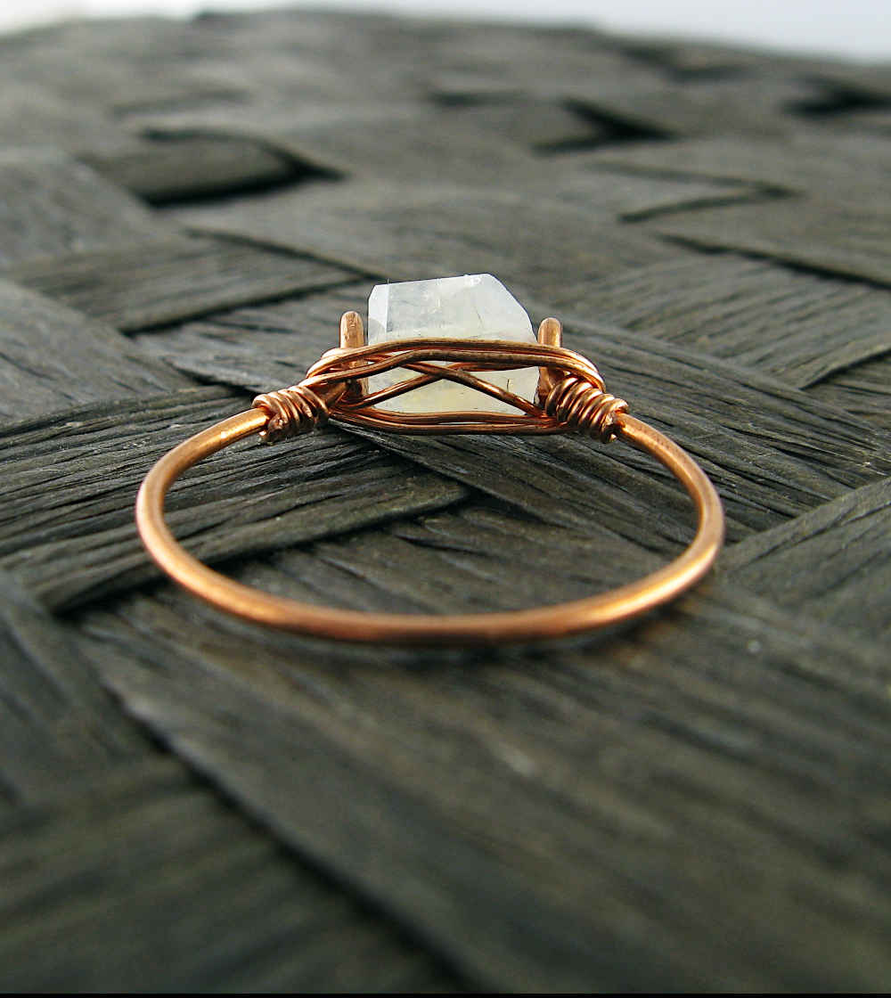 Stackable Copper Wire-Wrapped Single Natural Faceted Rainbow Moonstone Ring Handmade | Woot & Hammy