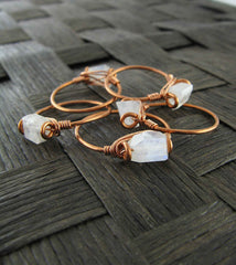 Stackable Copper Wire-Wrapped Single Natural Faceted Rainbow Moonstone Ring Handmade | Woot & Hammy