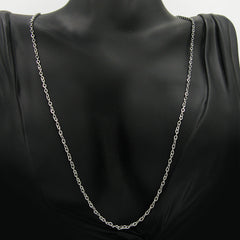 A silver stainless steel chain necklace displayed on a black mannequin bust against a light gray background.