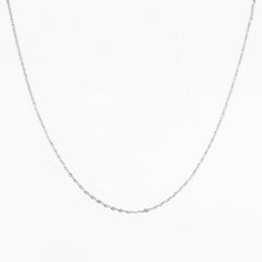 A silver stainless steel chain necklace with lobster clasp arranged in the shape of a catenary arch on a white background.
