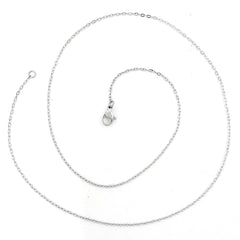 A silver stainless steel chain necklace with lobster clasp arranged in a spiral pattern on a white background.