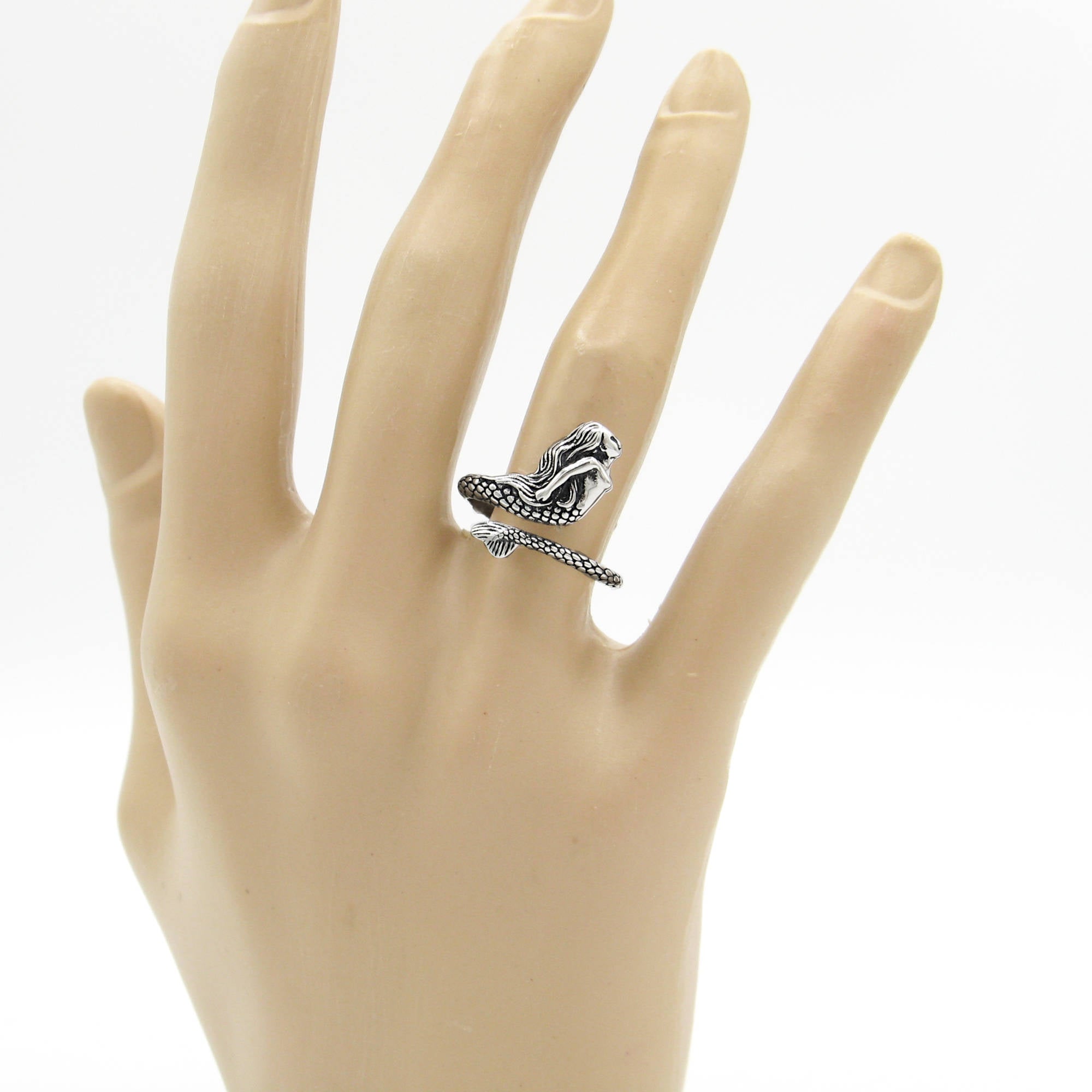 Mythical Swimming Mermaid in Profile Wrap-Around Oxidized Ring Ocean Sea Fish | Woot & Hammy