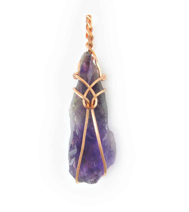 Raw Amethyst Crystal Pendant w/ Teardrop Knot Dark Purple Copper Wire-Wrapped Handmade - Includes 20" Chain | Woot & Hammy