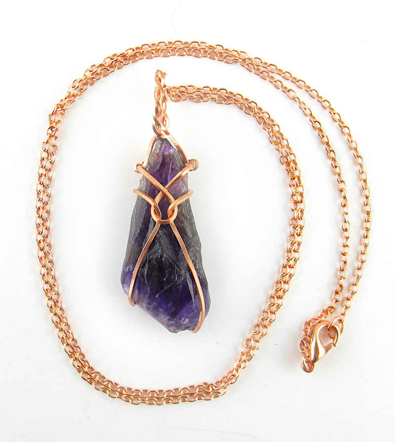 Raw Amethyst Crystal Pendant w/ Teardrop Knot Dark Purple Copper Wire-Wrapped Handmade - Includes 20" Chain | Woot & Hammy