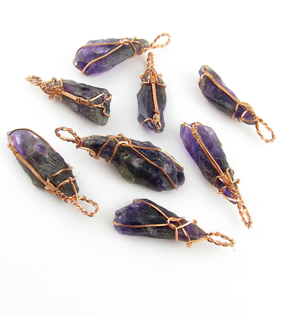 Raw Amethyst Crystal Pendant w/ Teardrop Knot Dark Purple Copper Wire-Wrapped Handmade - Includes 20" Chain | Woot & Hammy