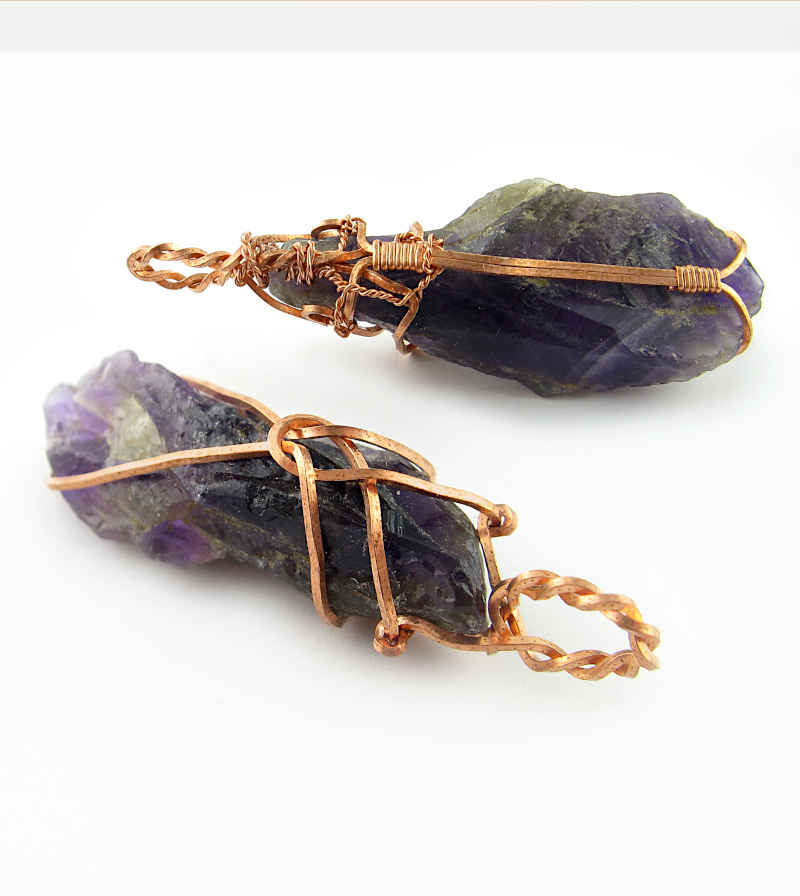 Raw Amethyst Crystal Pendant w/ Teardrop Knot Dark Purple Copper Wire-Wrapped Handmade - Includes 20" Chain | Woot & Hammy