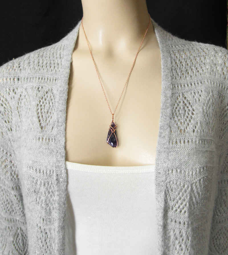 Raw Amethyst Crystal Pendant w/ Teardrop Knot Dark Purple Copper Wire-Wrapped Handmade - Includes 20" Chain | Woot & Hammy