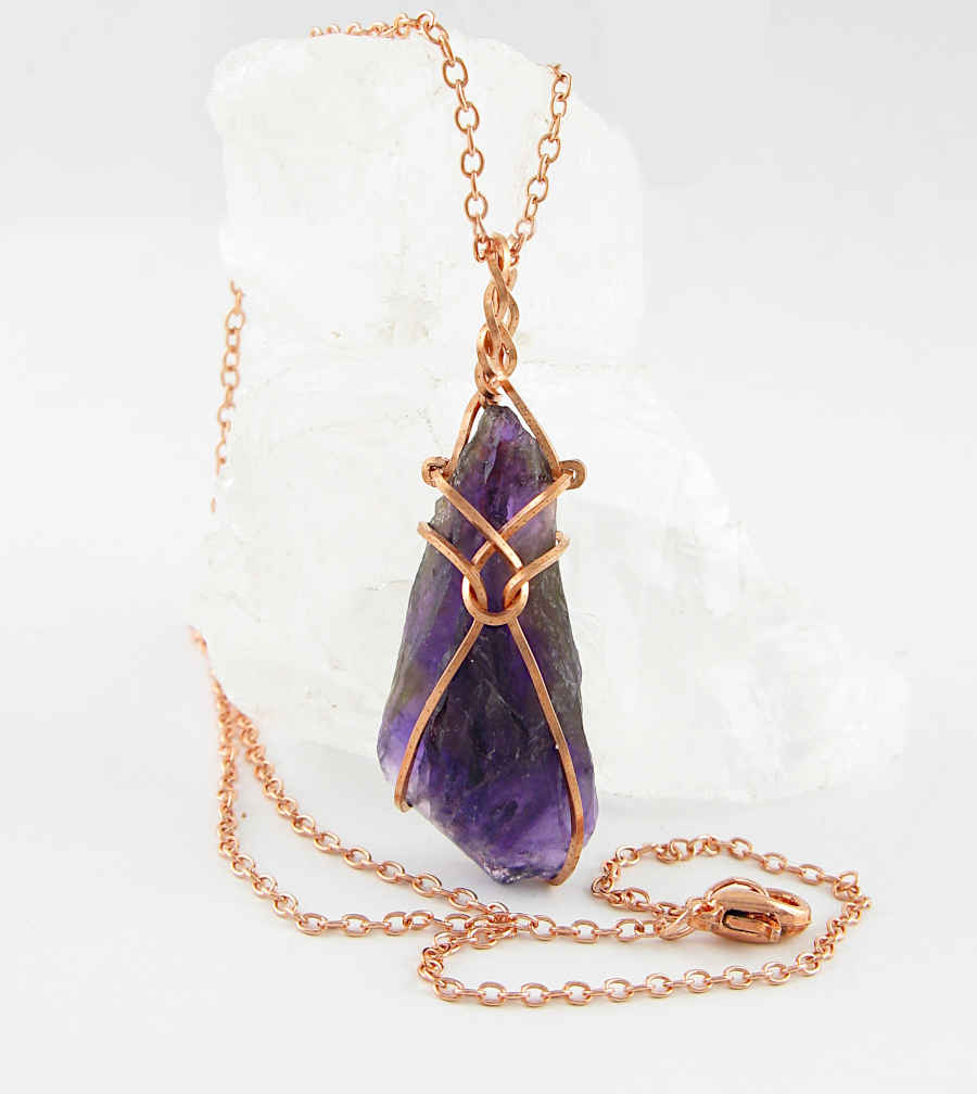 Raw Amethyst Crystal Pendant w/ Teardrop Knot Dark Purple Copper Wire-Wrapped Handmade - Includes 20" Chain | Woot & Hammy