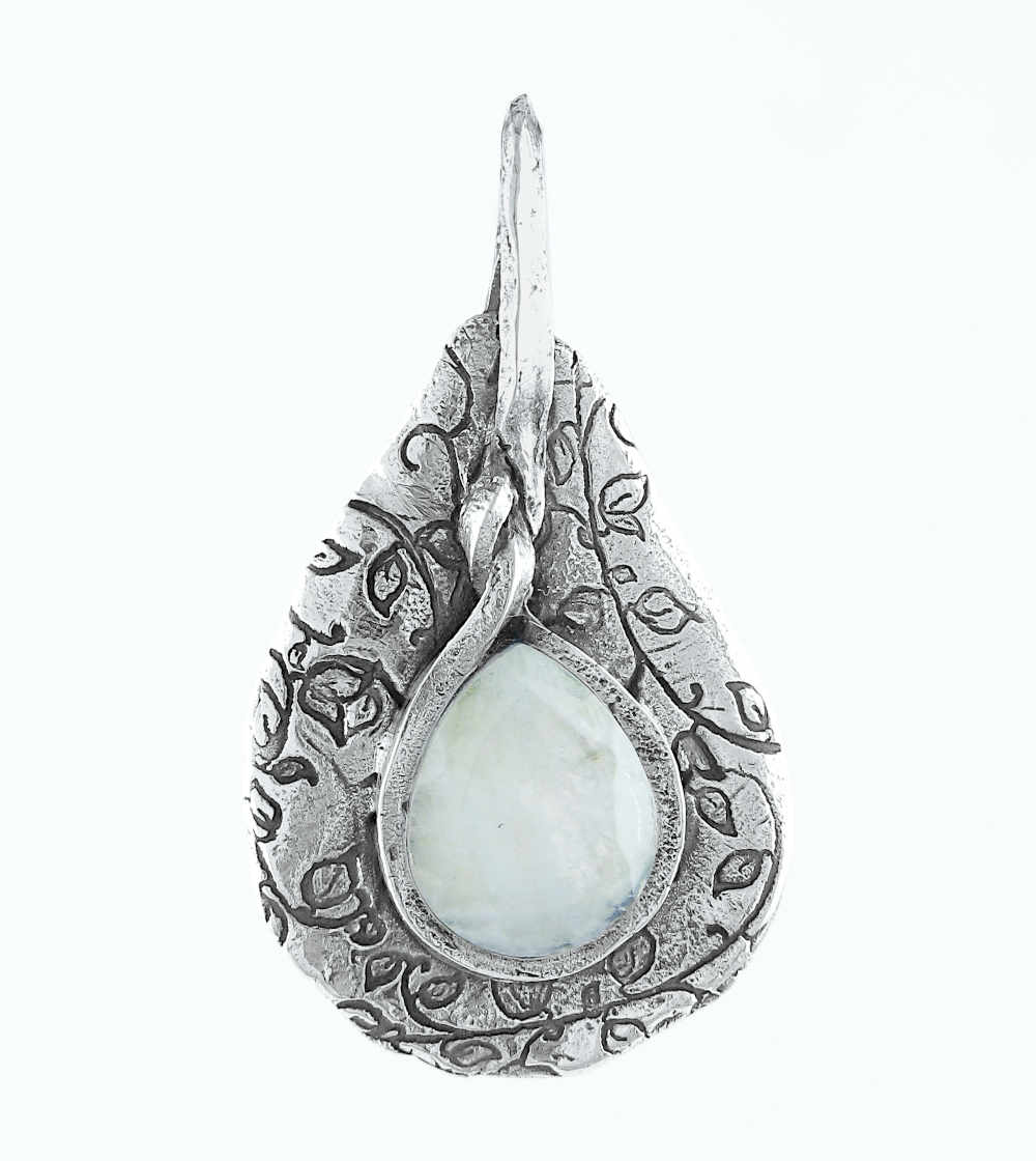 Polished Teardrop-Shaped Rainbow Moonstone Cabochon With Inscribed Silver Setting Pendant - Handmade | Woot & Hammy