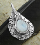 Polished Teardrop-Shaped Rainbow Moonstone Cabochon With Inscribed Silver Setting Pendant - Handmade | Woot & Hammy
