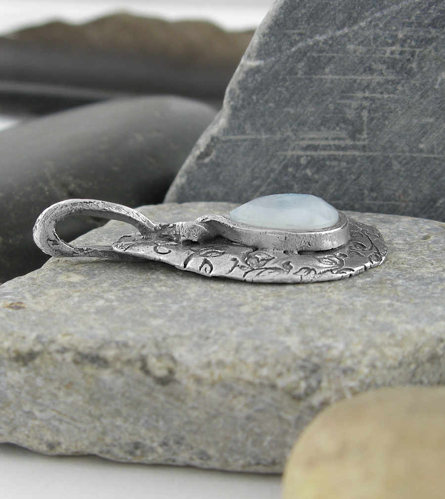 Polished Teardrop-Shaped Rainbow Moonstone Cabochon With Inscribed Silver Setting Pendant - Handmade | Woot & Hammy