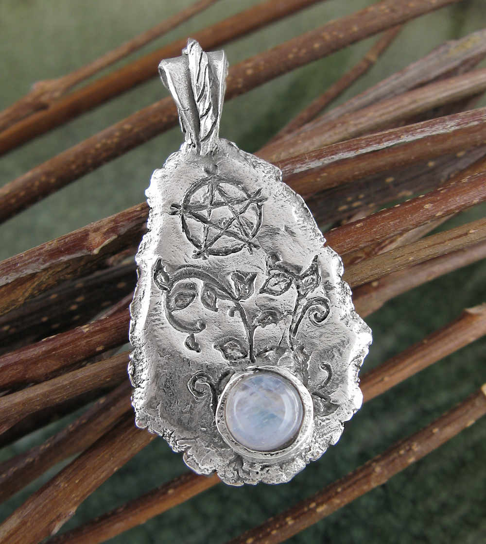 Teardrop Shaped Fine Silver Pendant With Rainbow Moonstone Cabochon And Inscribed Pentagram Handmade | Woot & Hammy