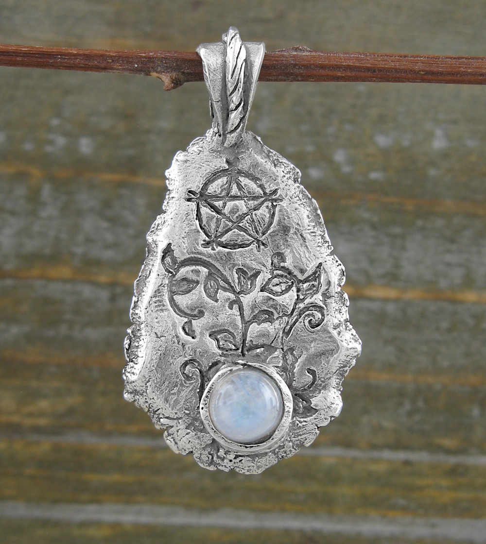 Teardrop Shaped Fine Silver Pendant With Rainbow Moonstone Cabochon And Inscribed Pentagram Handmade | Woot & Hammy