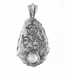 Teardrop Shaped Fine Silver Pendant With Rainbow Moonstone Cabochon And Inscribed Pentagram Handmade | Woot & Hammy